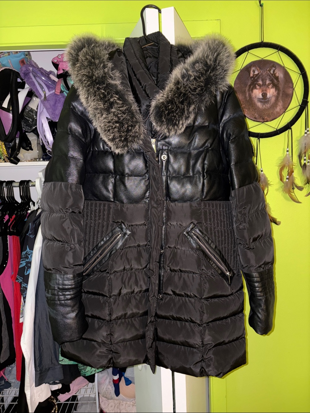 KARV Black Winter Jacket Quilted Fur Trim Puffer Coat L